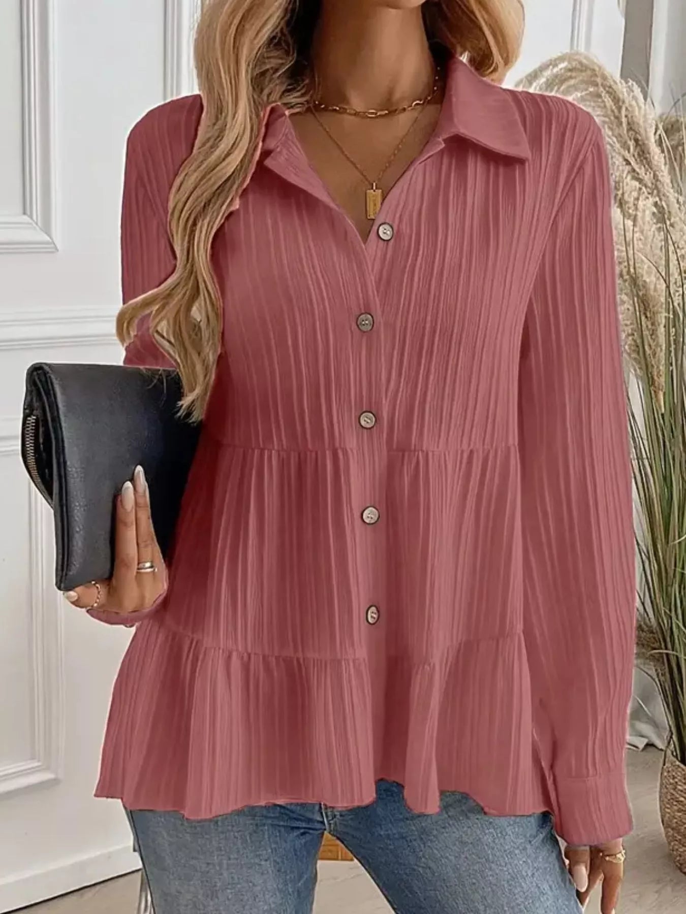 Button-Down Long Sleeve Tiered Shirt  Shop One Place