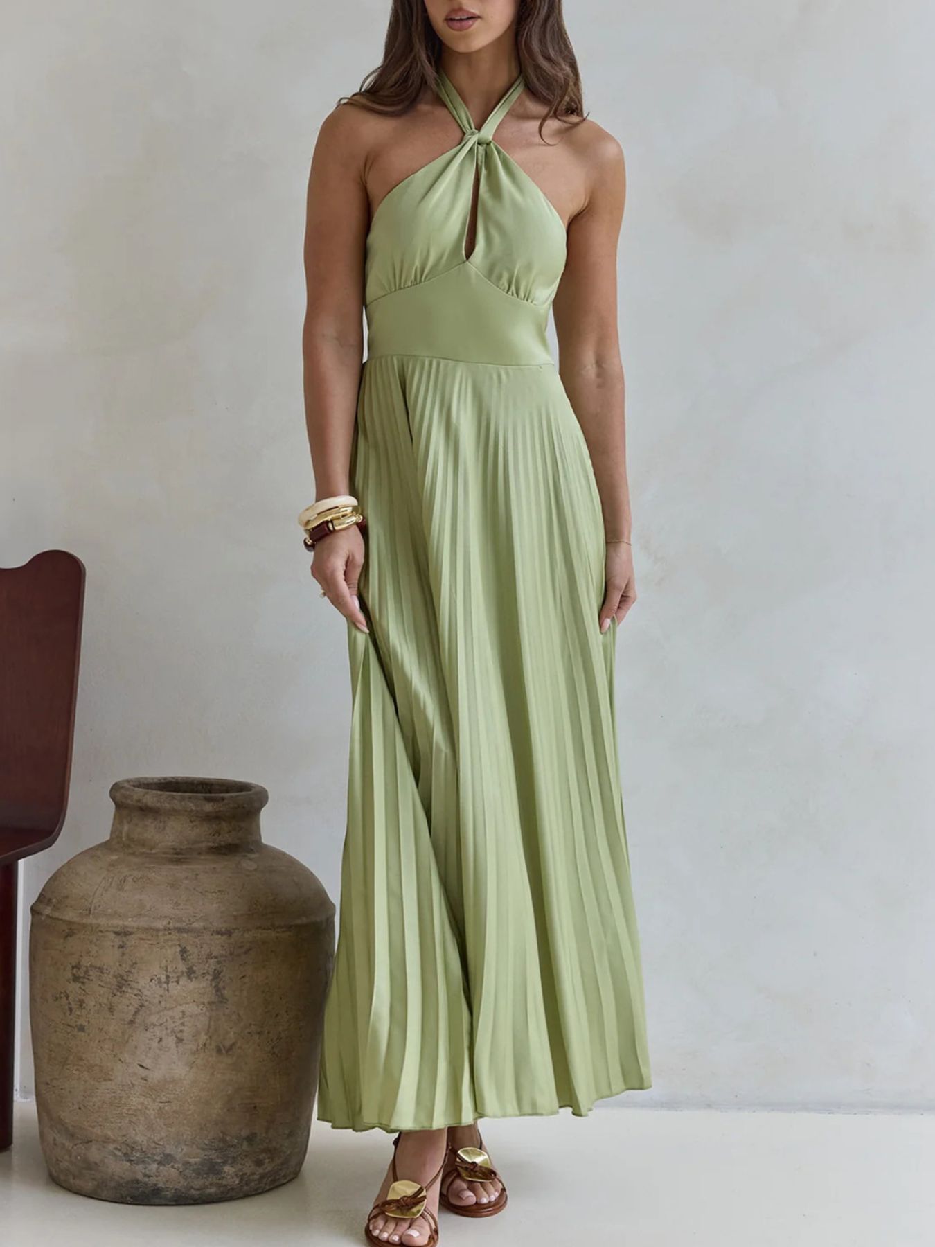 Halter Neck Pleated A-Line Dress  Shop One Place