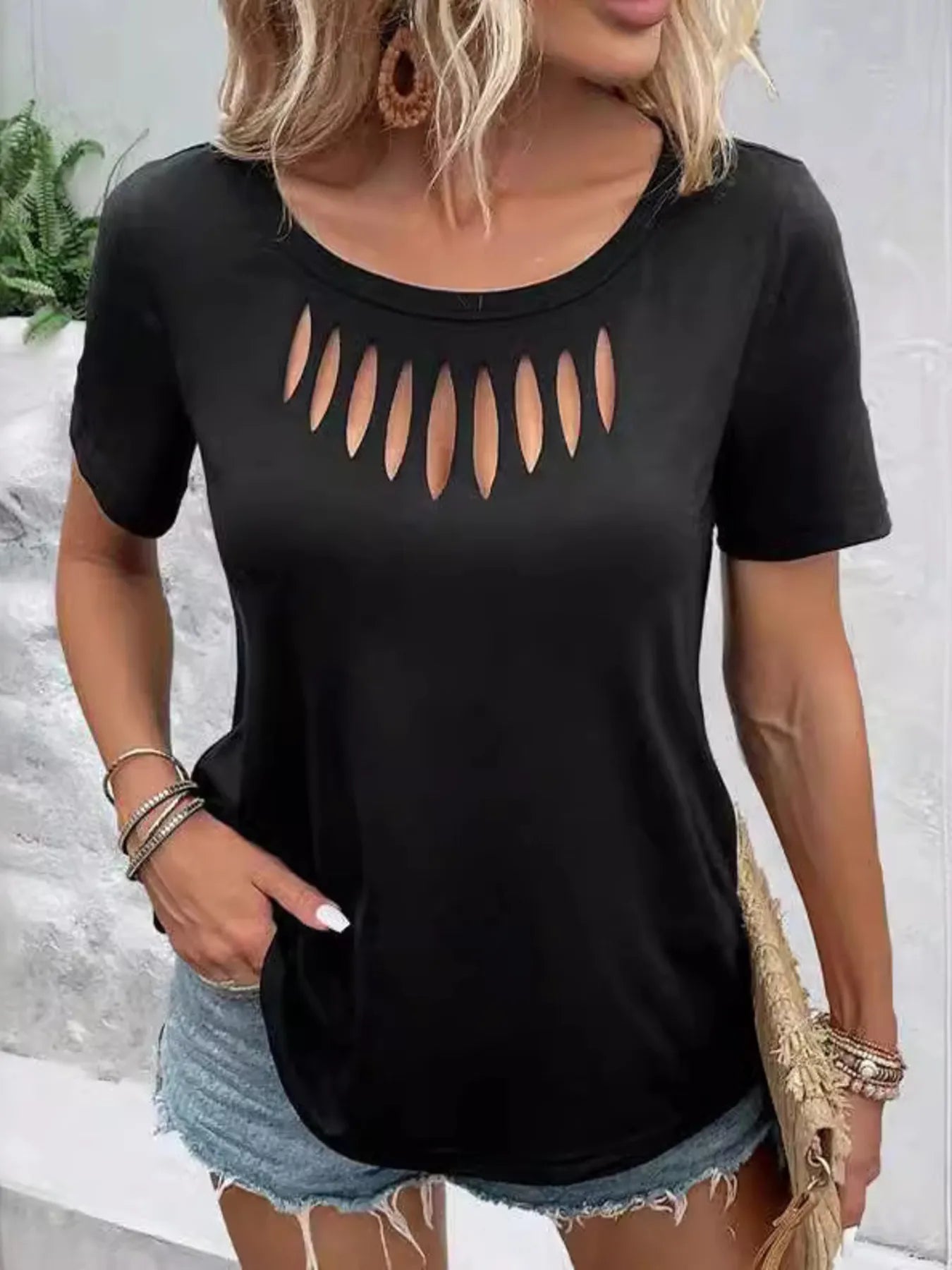 Hollow Out Neckline Short Sleeve T-Shirt  Shop One Place