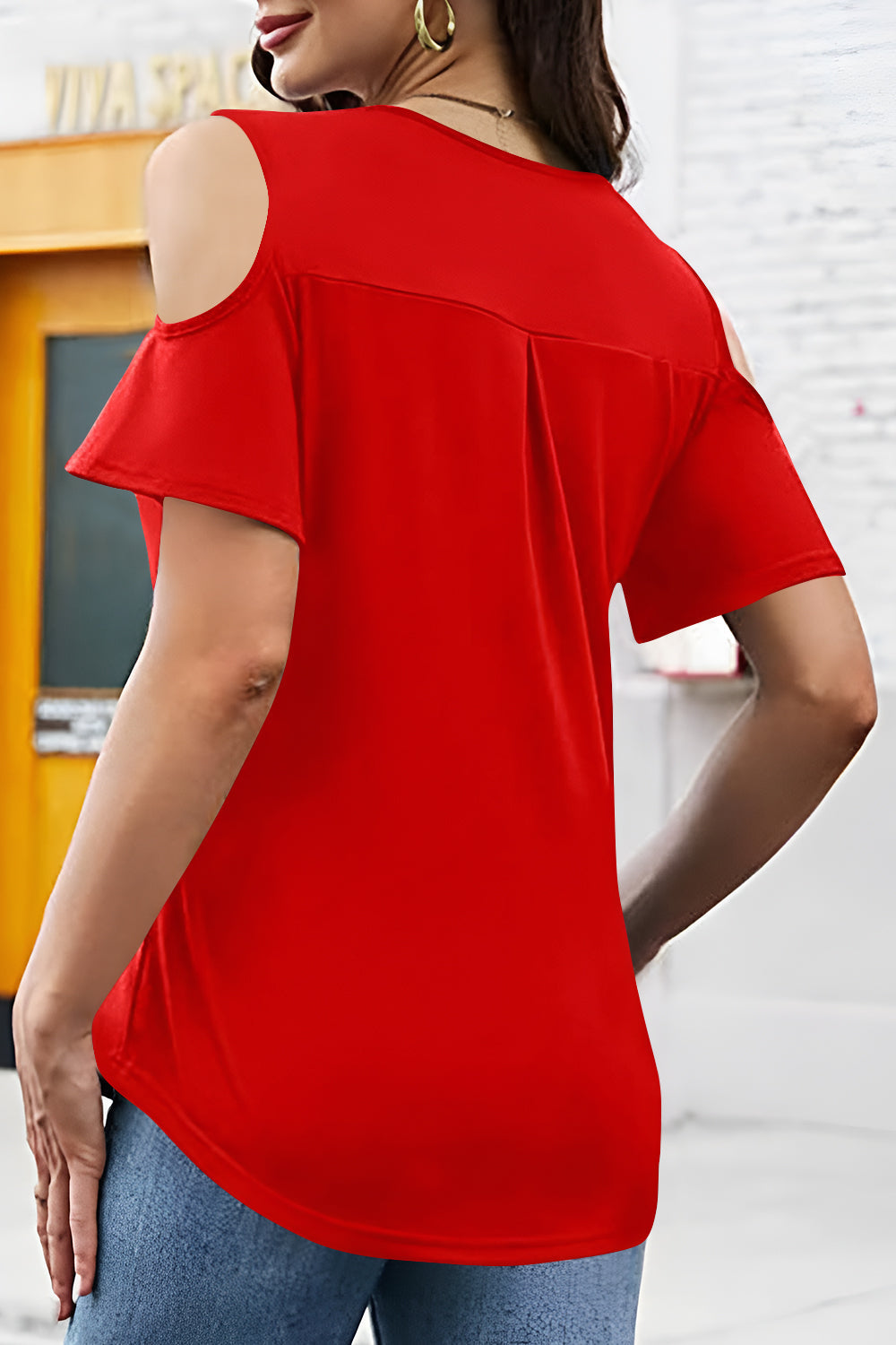 Full Size Half Zip Cold Shoulder Top  Shop One Place