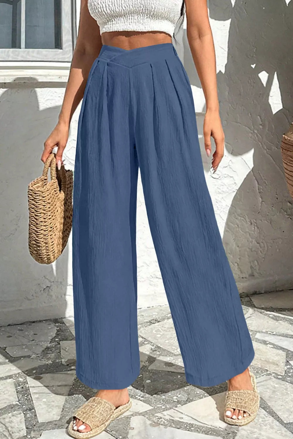 Solid Color Textured Crossed Waist Loose Pants  Shop One Place