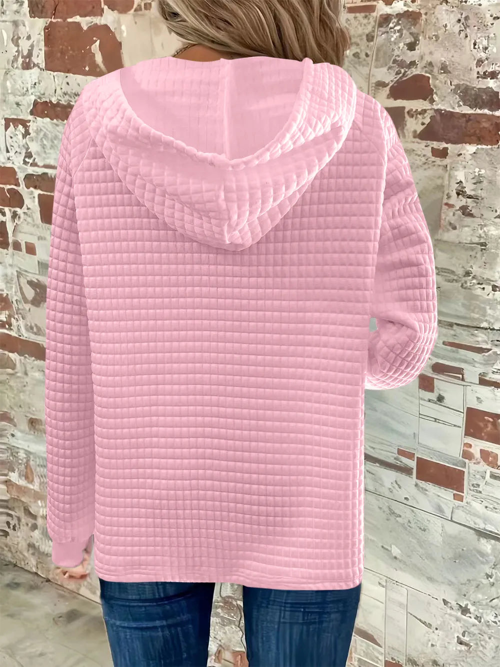 Full Size Texture Button Detail Drawstring Long Sleeve Hoodie  Shop One Place