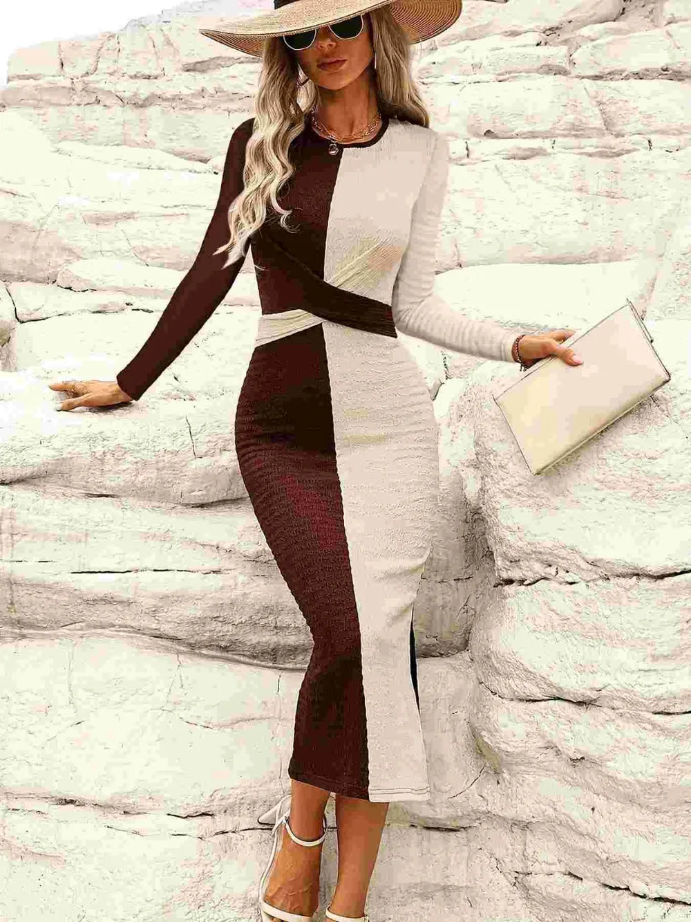Two Tone Slit Round Neck Long Sleeve Midi Dress  Shop One Place
