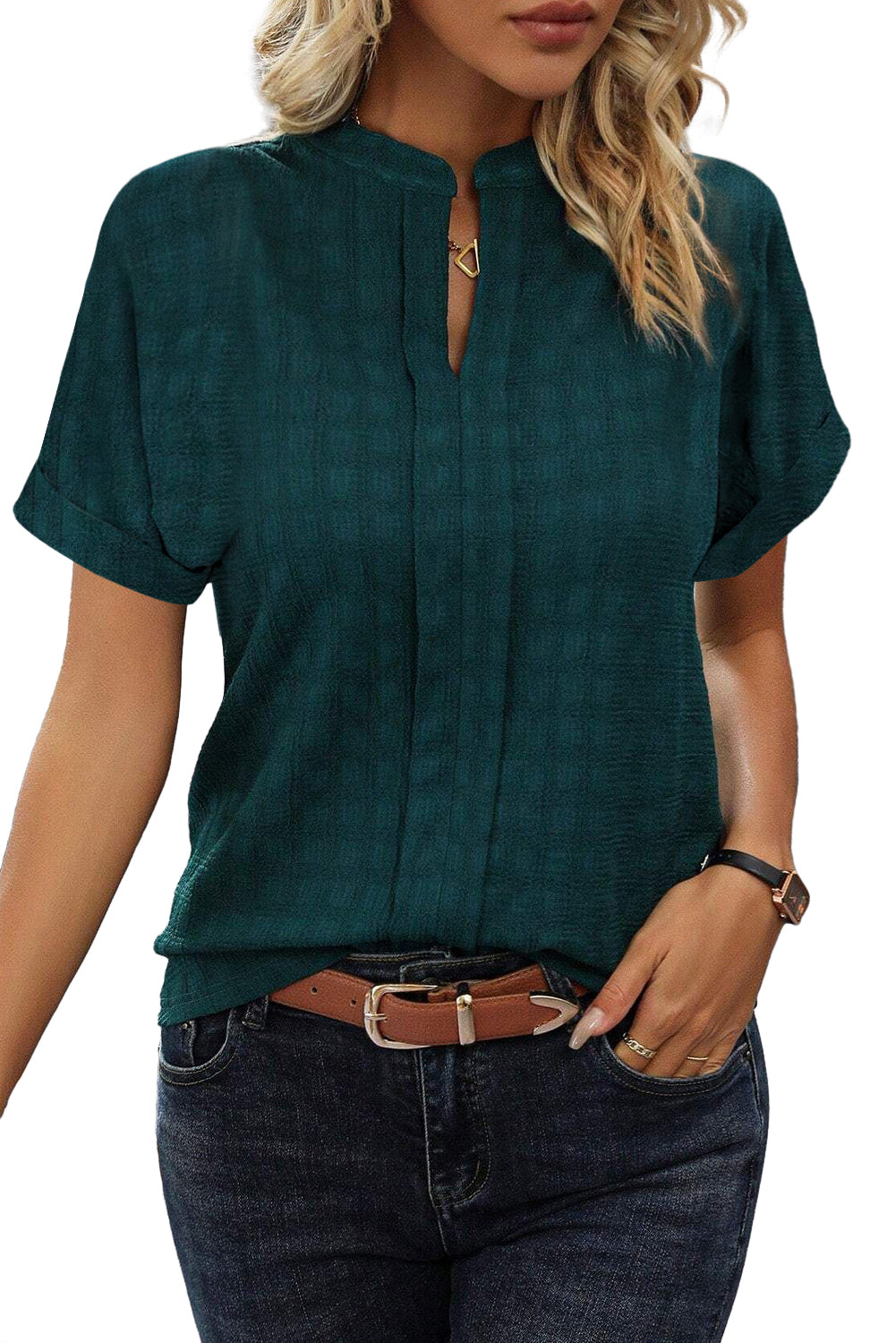 Sea Green Textured Split V-Neck Short Sleeve Blouse