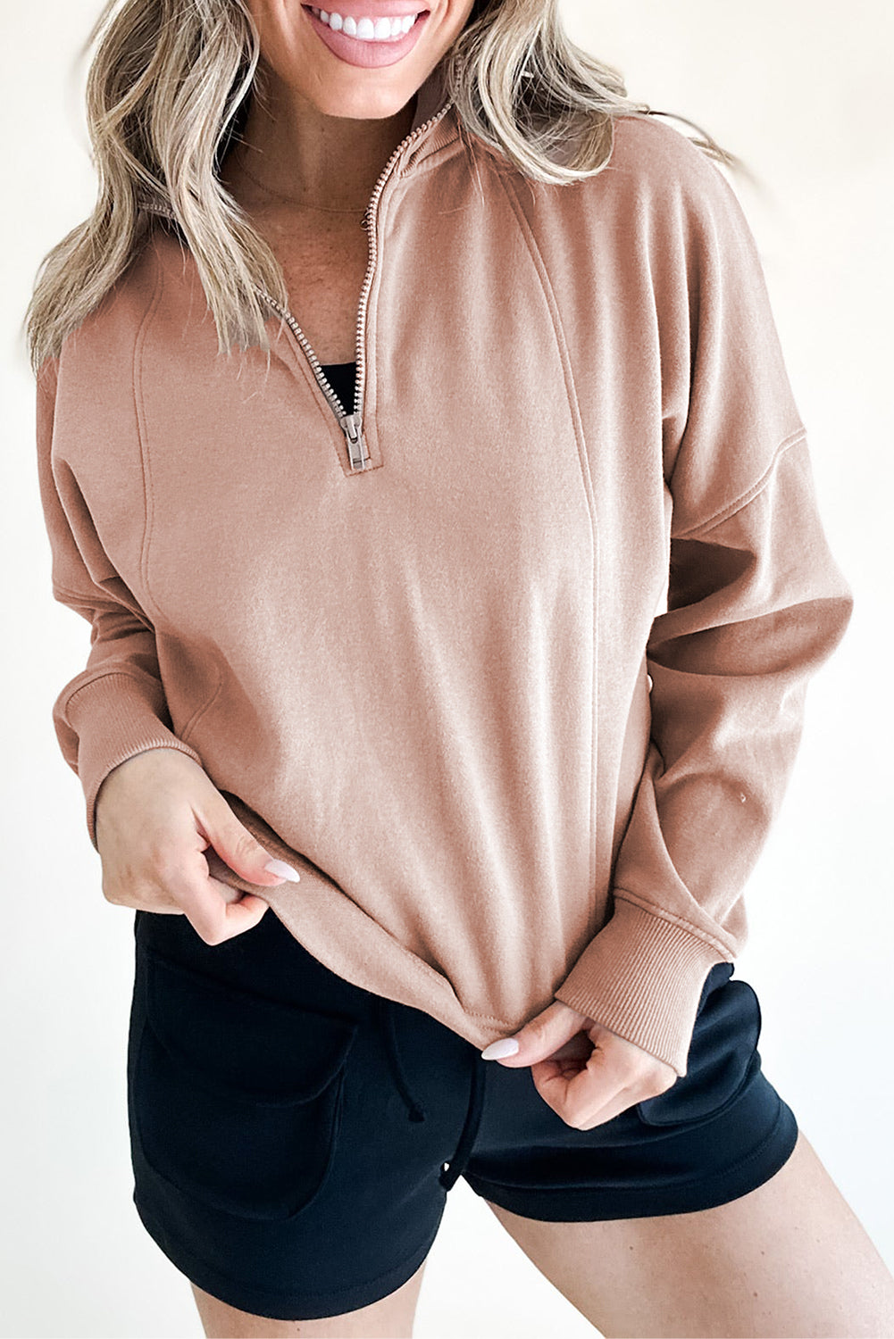 Jungle Green Zipper Collared Drop Shoulder Plain Sweatshirt  Shop One Place