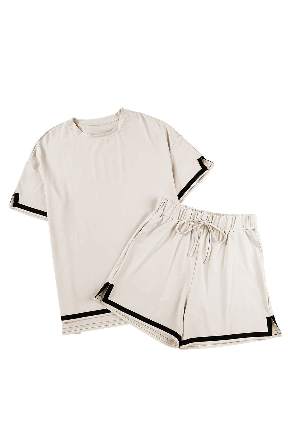 Apricot Contrast Trim Round Neck Tee and Drawstring Shorts Set