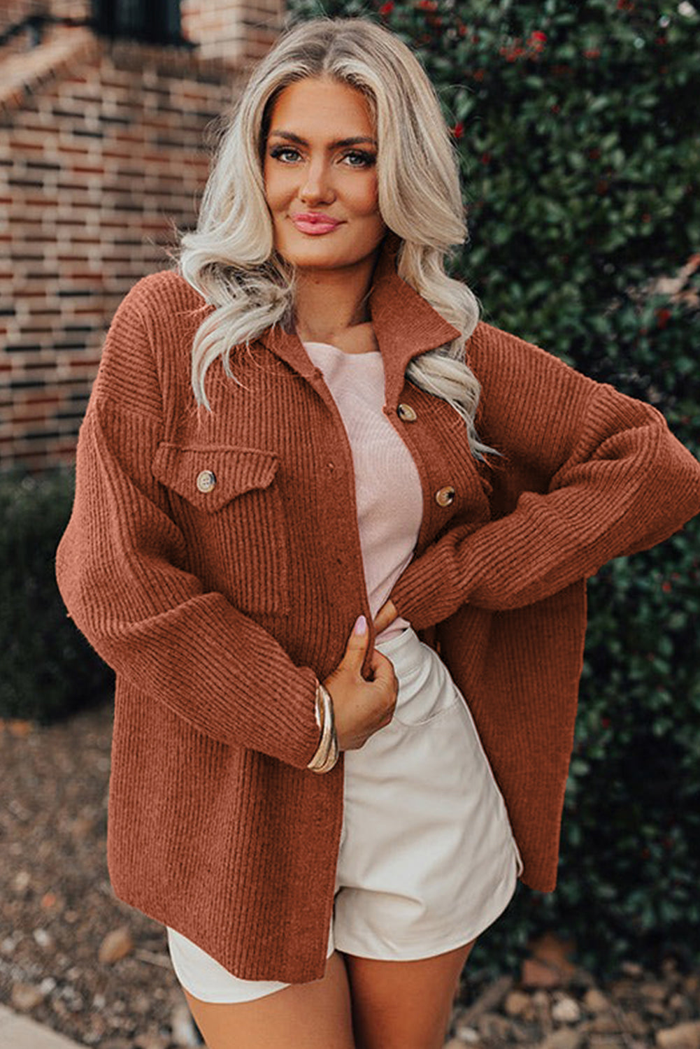 Ribbed Knit Buttons Front Flap Pocket Casual Shacket