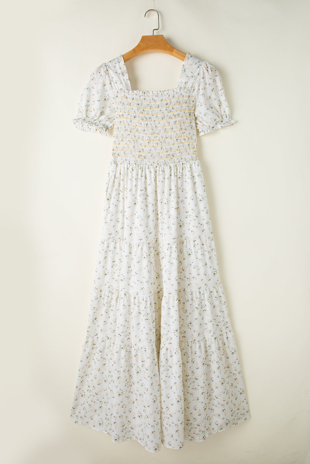 White Frill Neckline Shirred Bodice Floral Maxi Dress