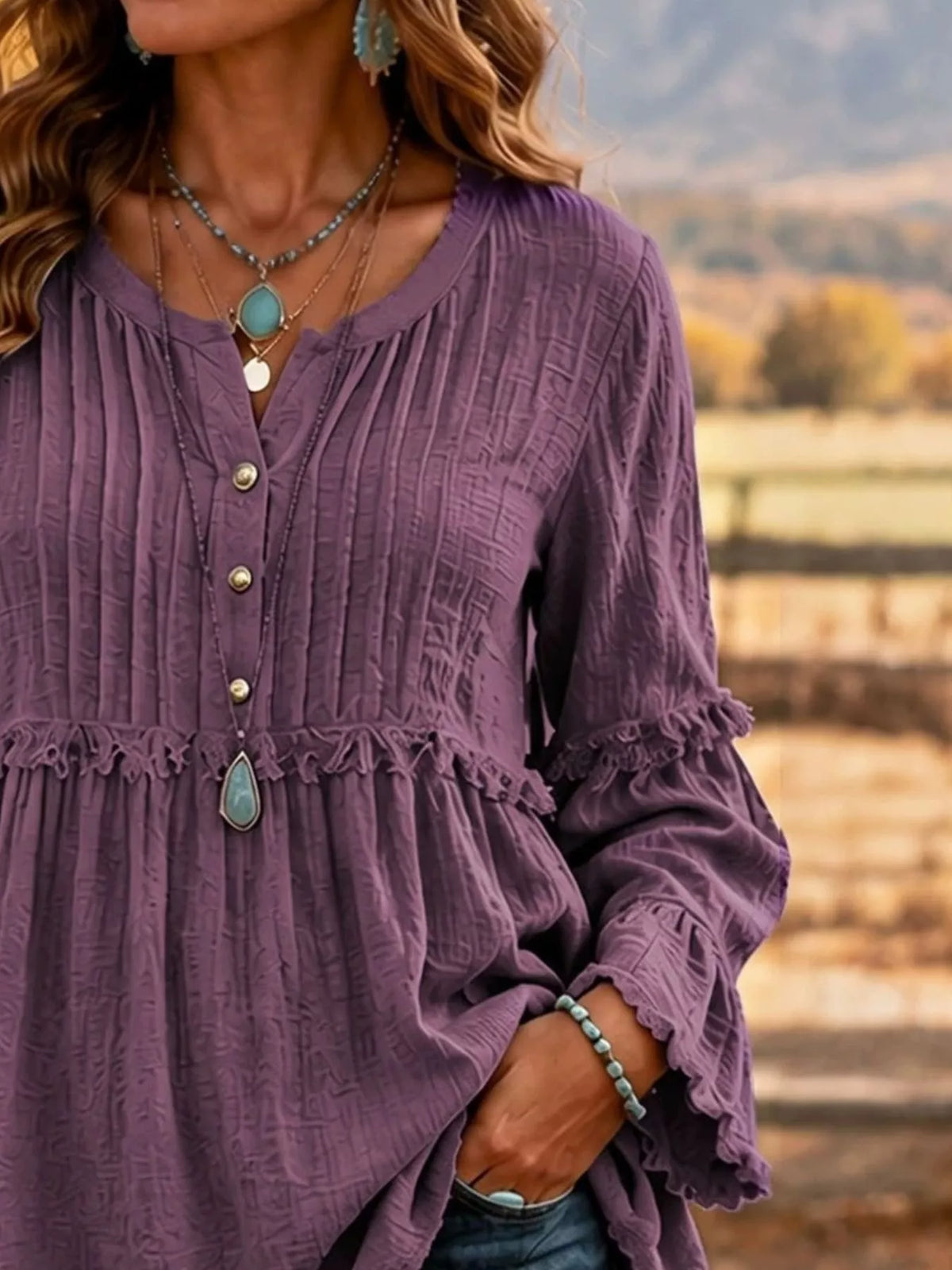 Women's Fringe Trim Ruffle Sleeve Blouse – view 2