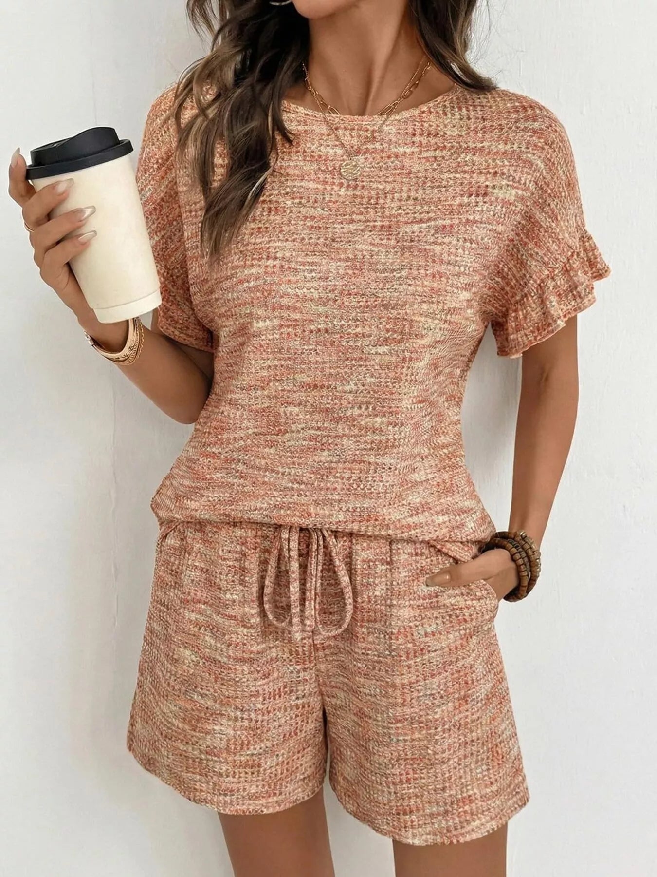 Ruffle Sleeve Textured Top and Shorts Set  Shop One Place