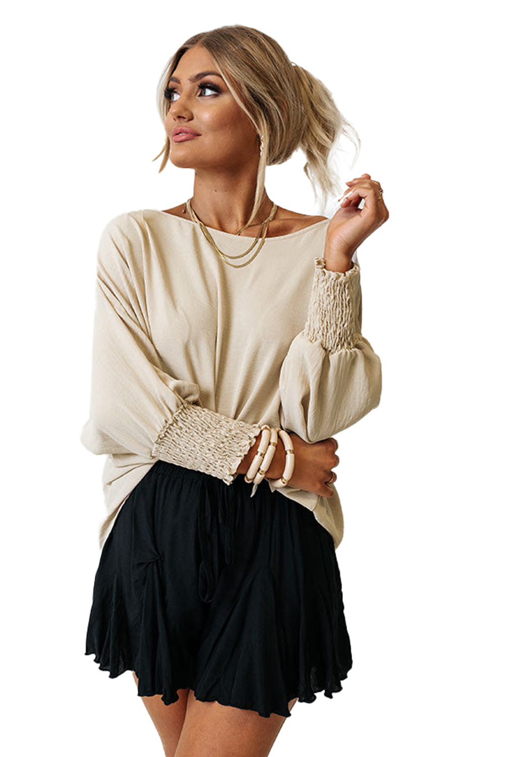 White Plain & Casual Shirred Cuffs Half Sleeve Top