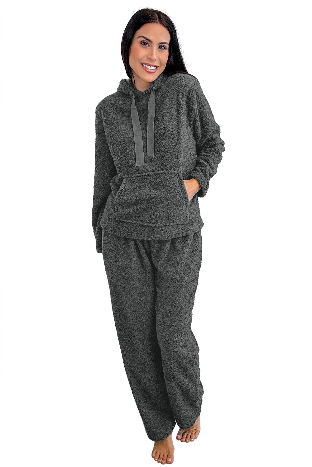 Medium Grey Fuzzy Drawstring Hoodie Lounge Pants 2pcs Set  Shop One Place