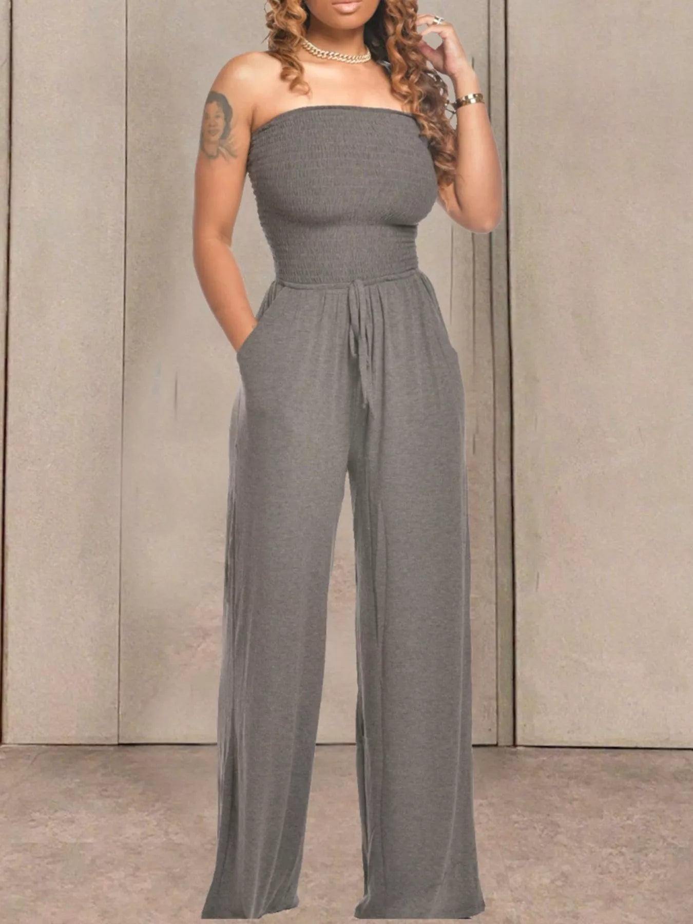 Strapless Smocked Wide-Leg Jumpsuit  Shop One Place