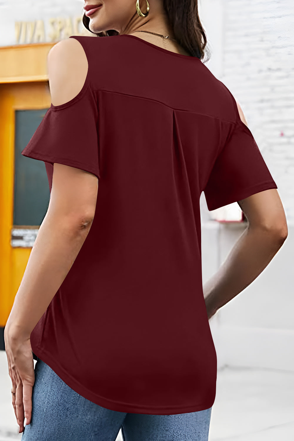 Full Size Half Zip Cold Shoulder Top  Shop One Place