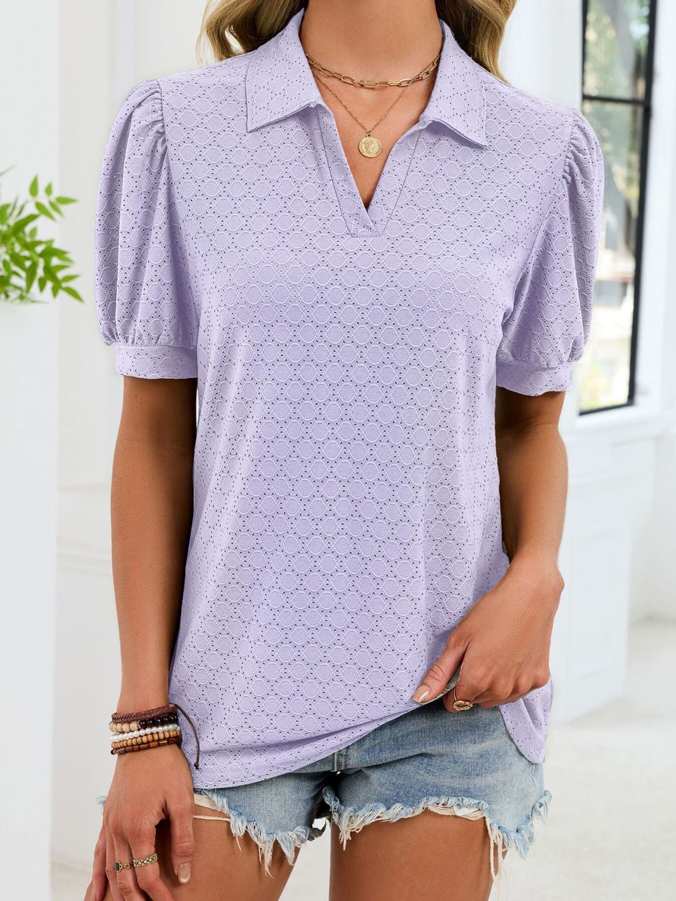 Eyelet Johnny Collar Puff Sleeve Top  Shop One Place