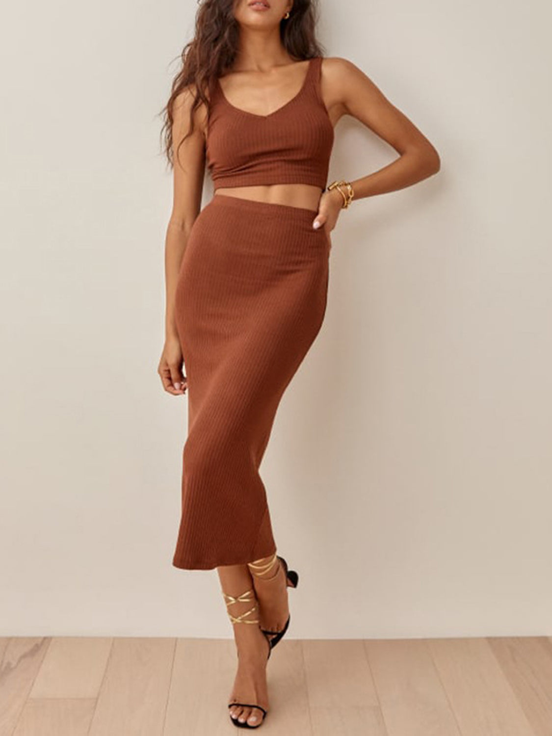 Wide Strap Top and High Waist Skirt Set