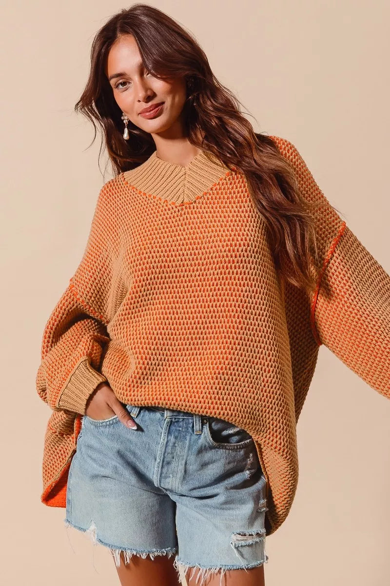 SO ME Oversized Two Tone Textured V Neck Sweater  Shop One Place