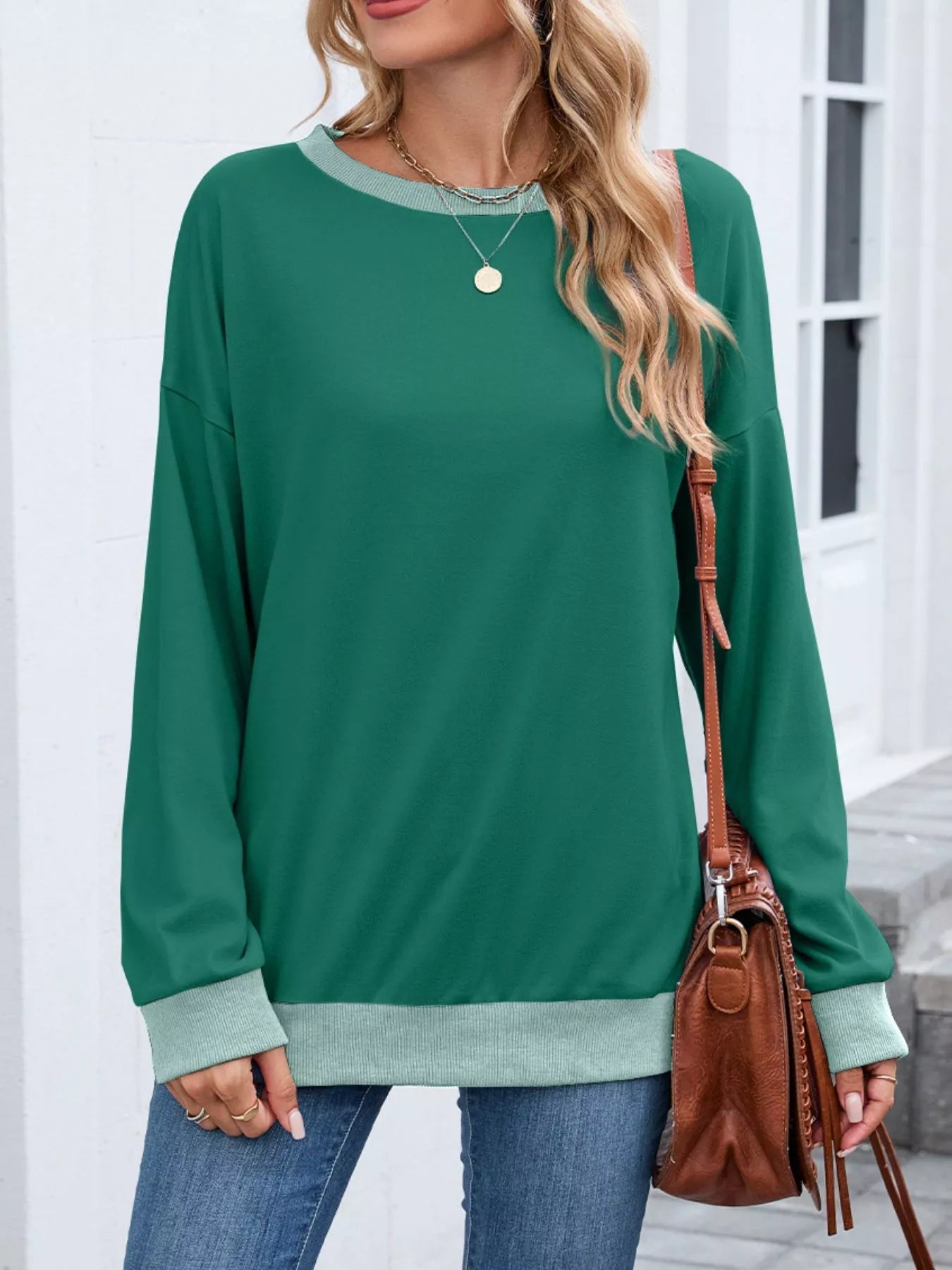 Contrast Trim Long Sleeve Sweatshirt  Shop One Place