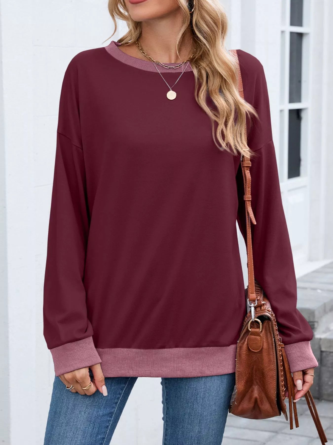 Contrast Trim Long Sleeve Sweatshirt  Shop One Place