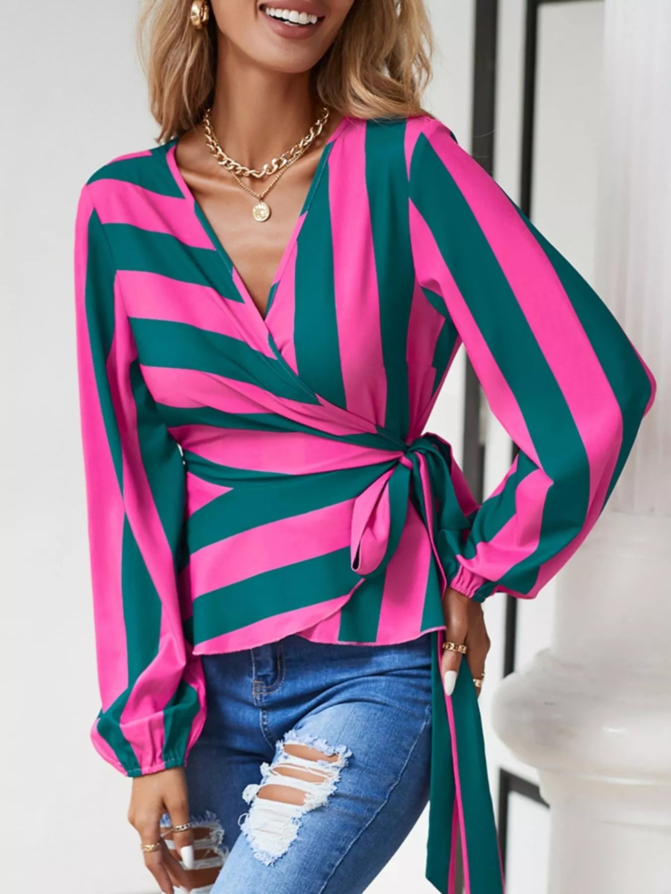 Striped Wrap Blouse with Tie Detail  Shop One Place