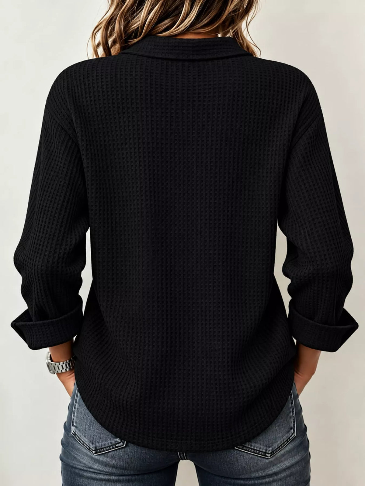 Women's Waffle Knit Long Sleeve Polo Top – view 18