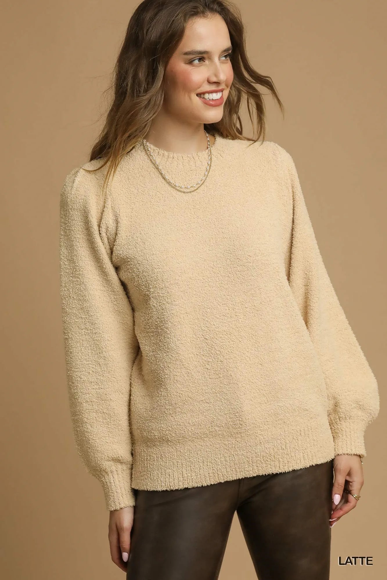 Umgee Textured Long Sleeve Sweater with Ribbed Trim  Shop One Place