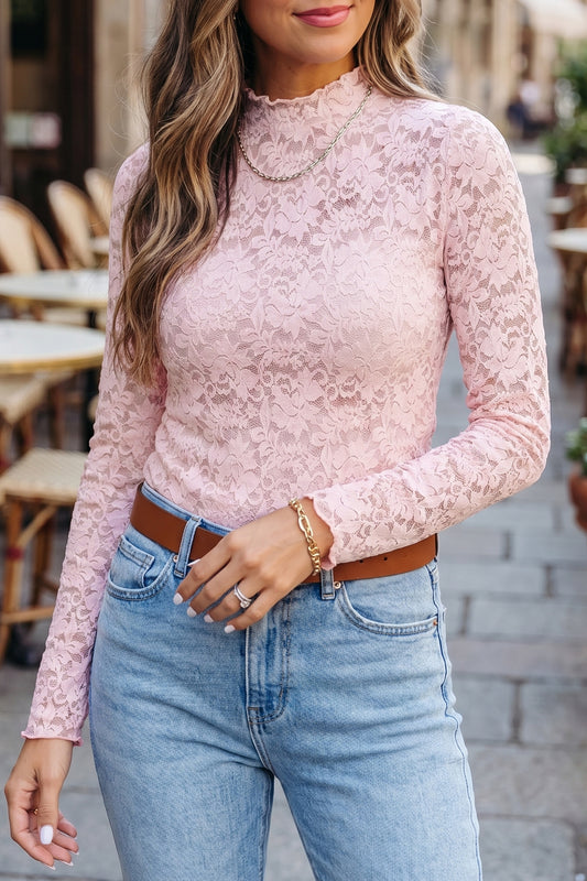 Floral Lace Long Sleeve Top – Women’s Stand Neck Scalloped Cuff Pullover  Shop One Place