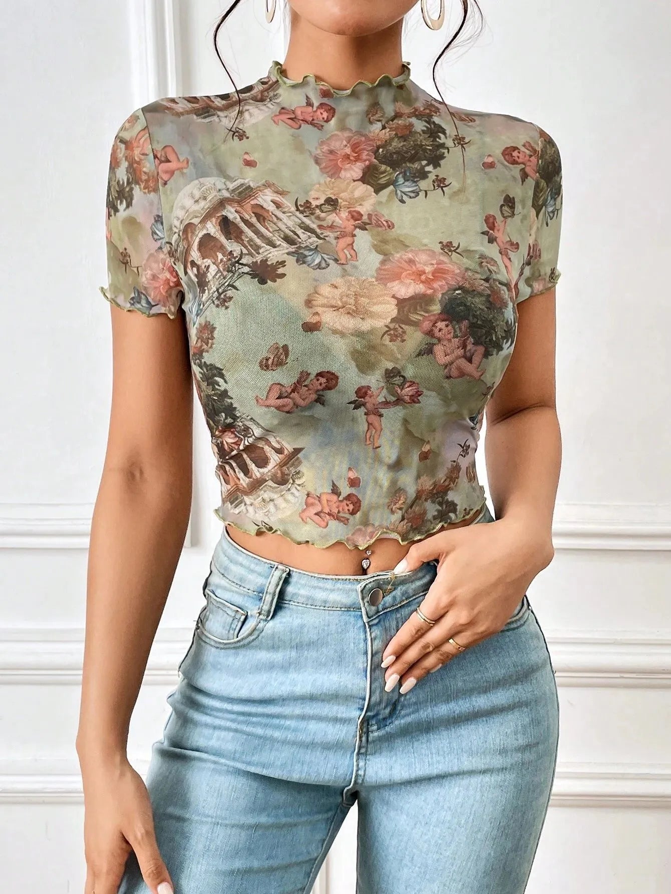 Abstract Print Ruffled Mock Neck Crop T-Shirt  Shop One Place
