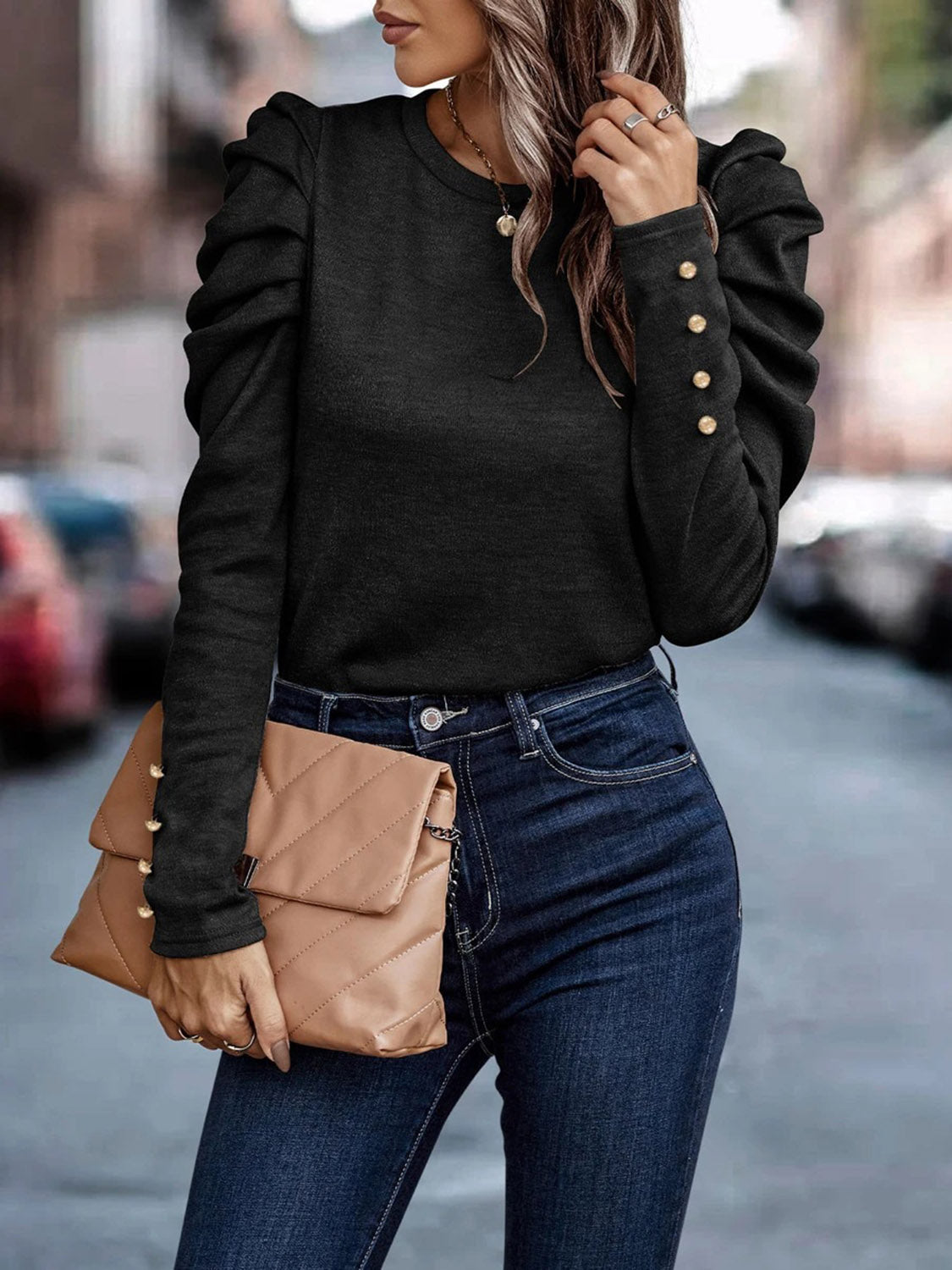 Decorative Button Puff Sleeve T-Shirt  Shop One Place
