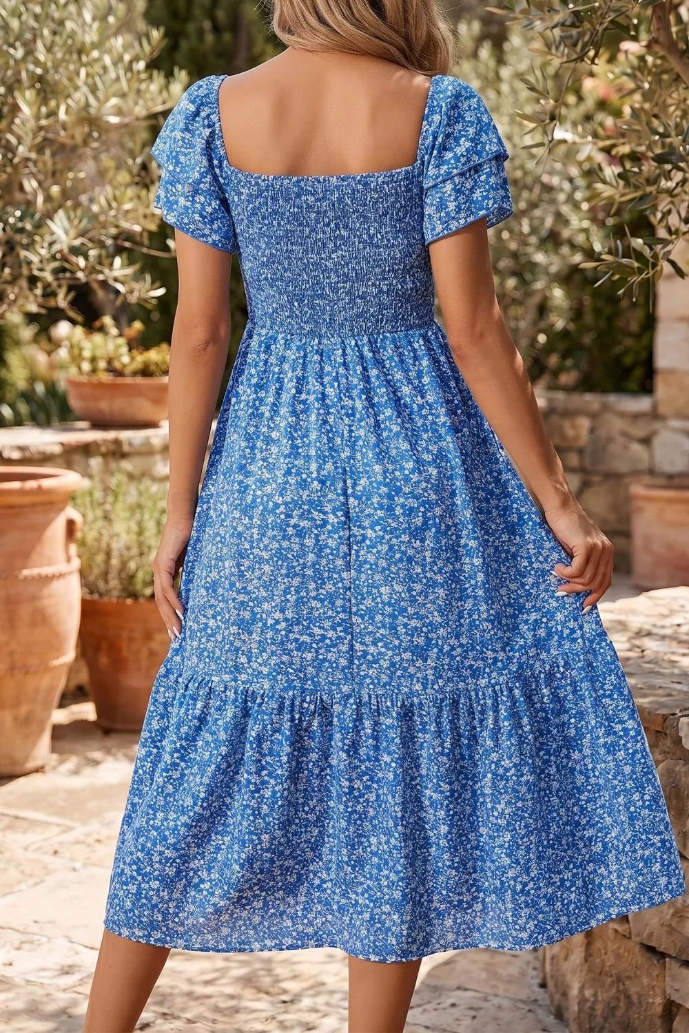 Ditsy Floral Print Smocked Square Neck Ruffle Short Sleeve Dress  Shop One Place