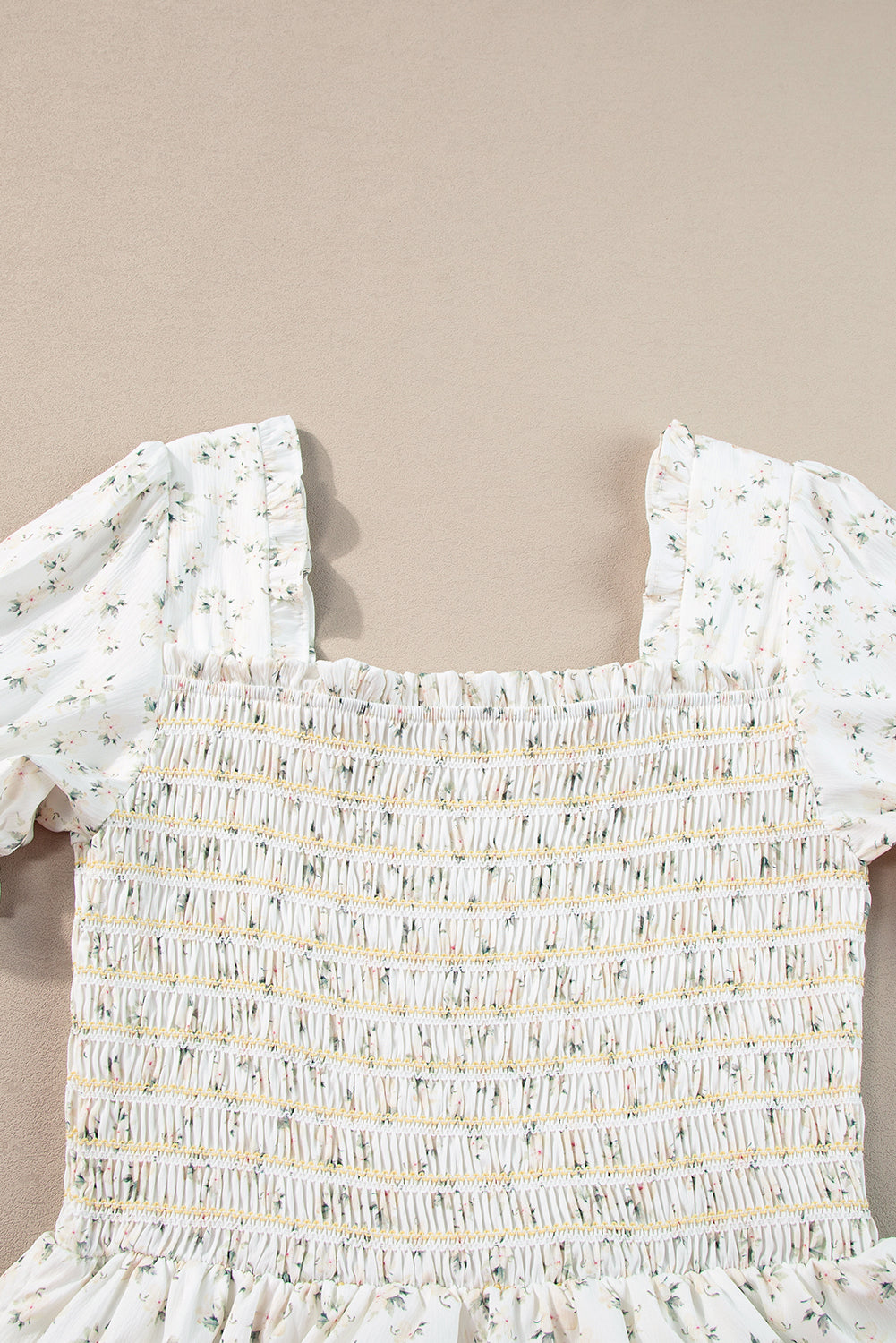 White Frill Neckline Shirred Bodice Floral Maxi Dress  Shop One Place