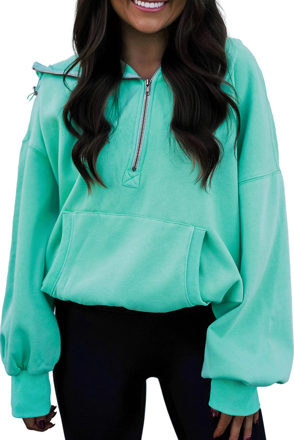 Mint Green Pocket Loose Half Zip Hoodie