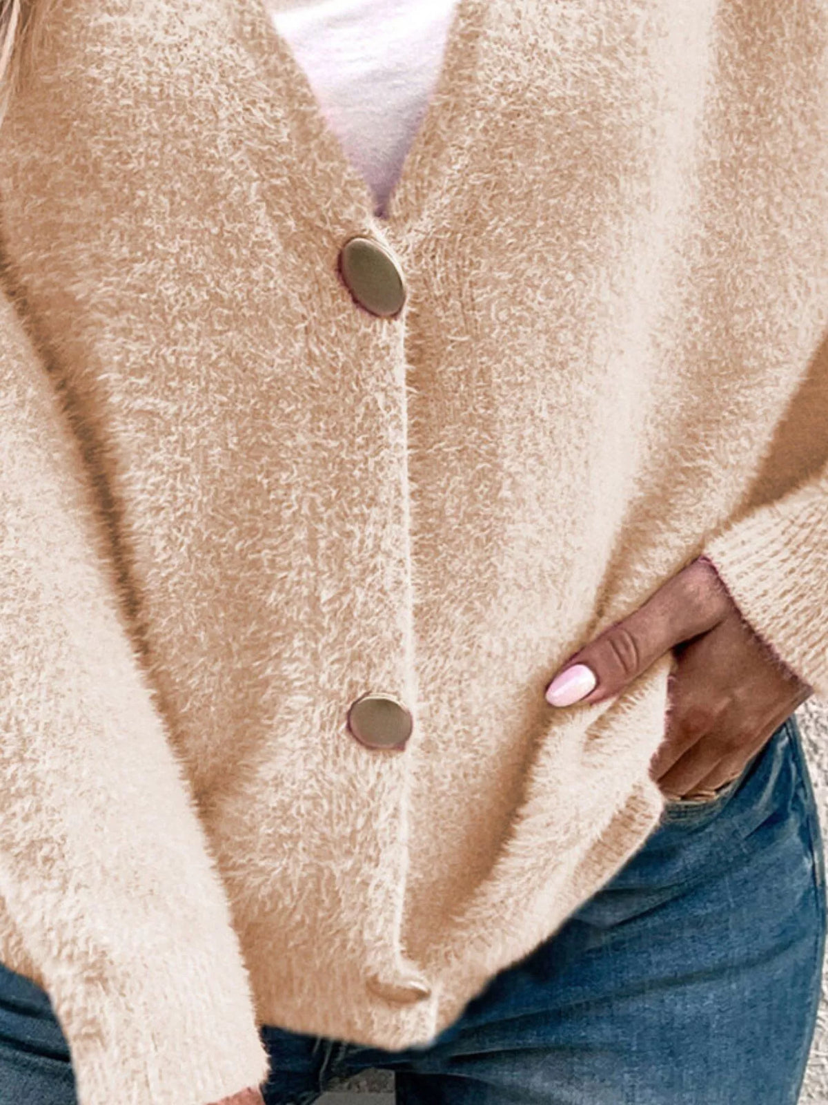 Soft Fuzzy V-Neck Button-Down Cardigan  Shop One Place