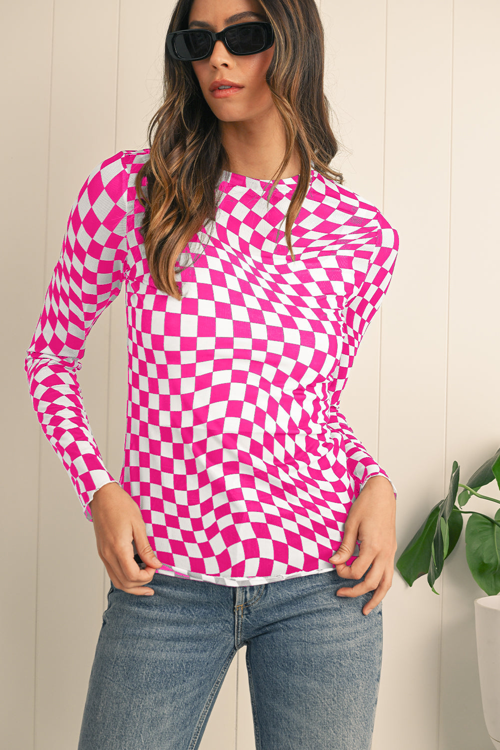 Black Checkered Pattern Mesh Long Sleeve Top  Shop One Place