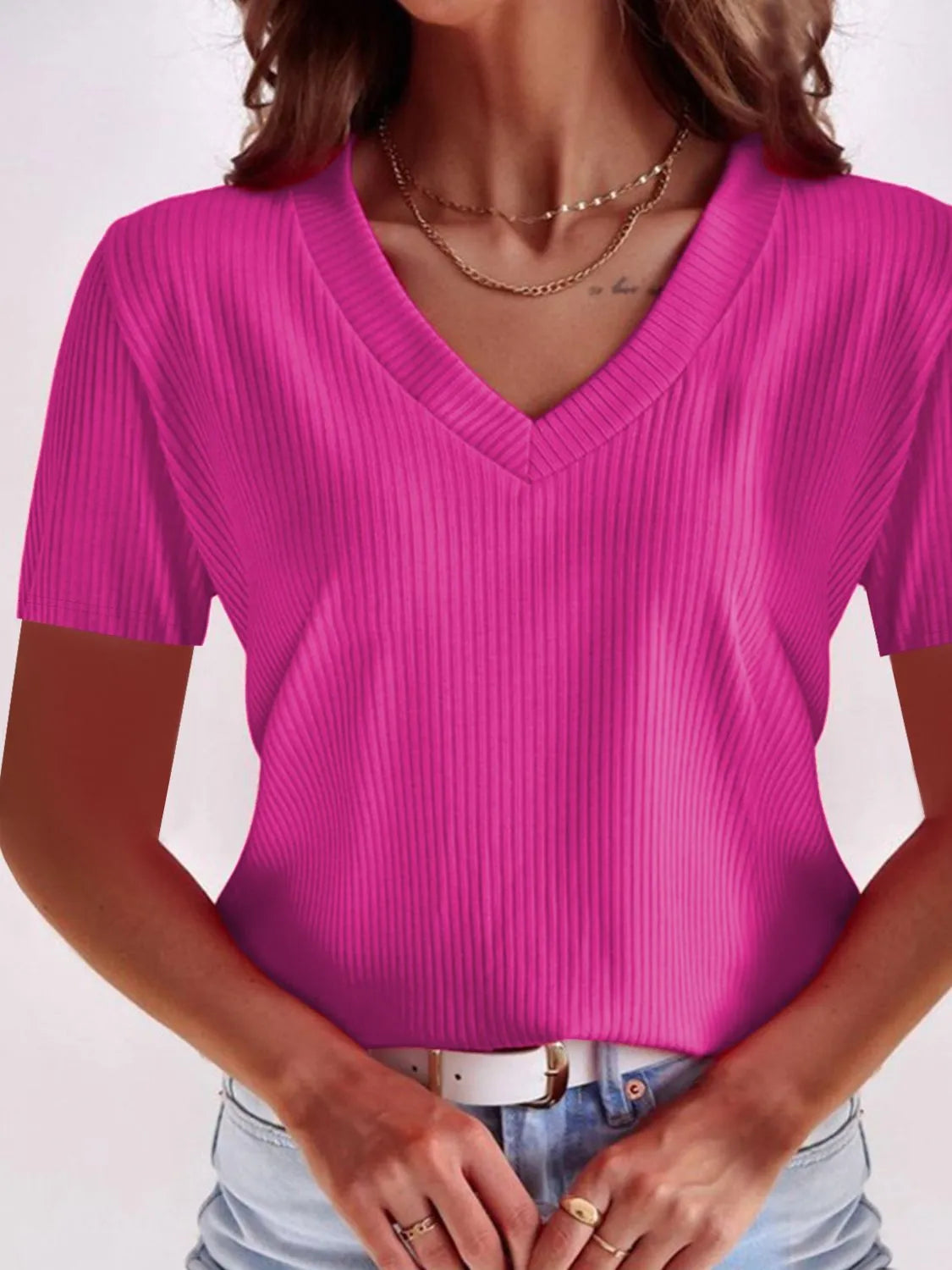 Full Size Solid V-Neck Short Sleeve T-Shirt Plus Size  Shop One Place