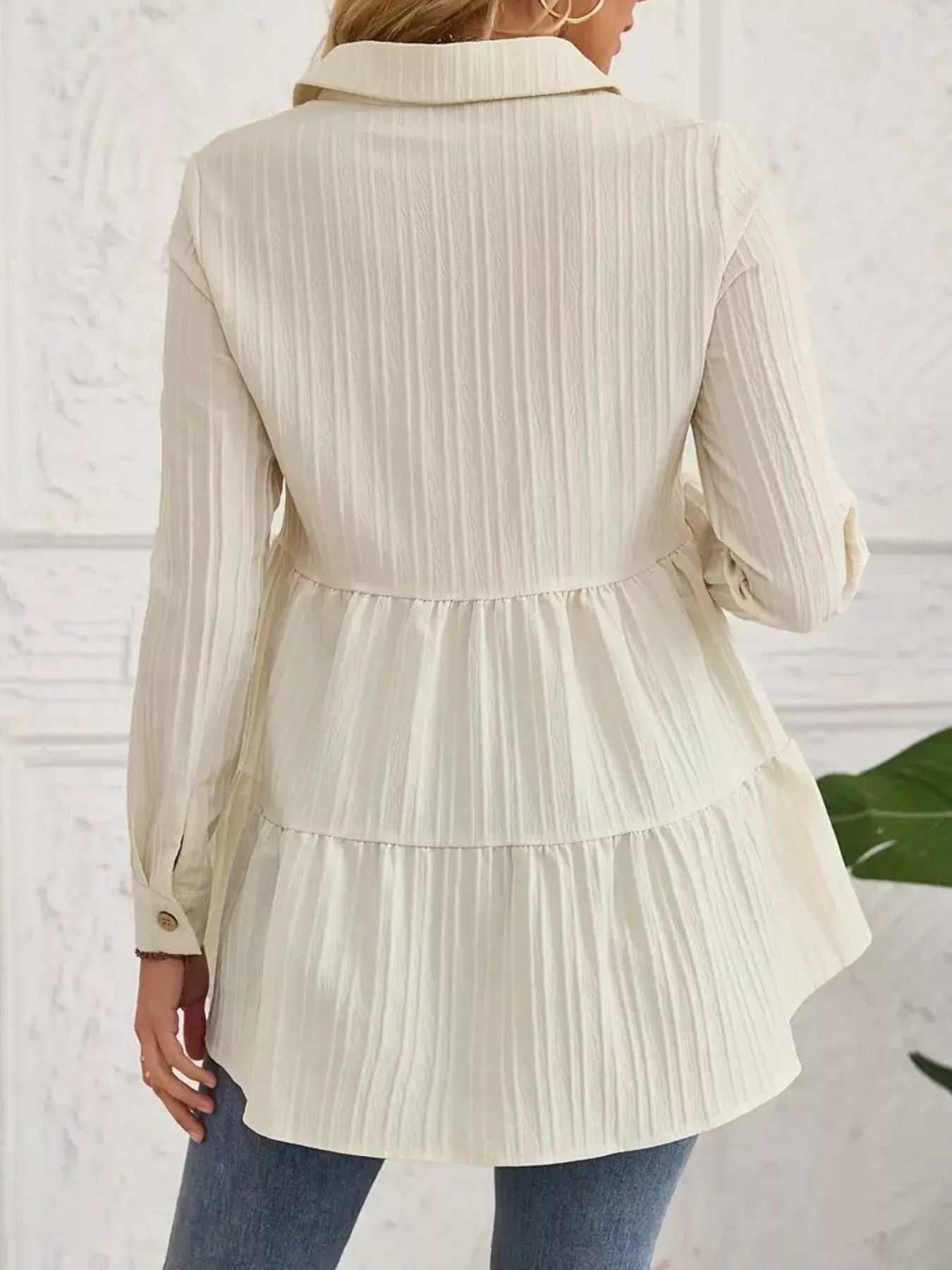 Button-Down Long Sleeve Tiered Shirt  Shop One Place