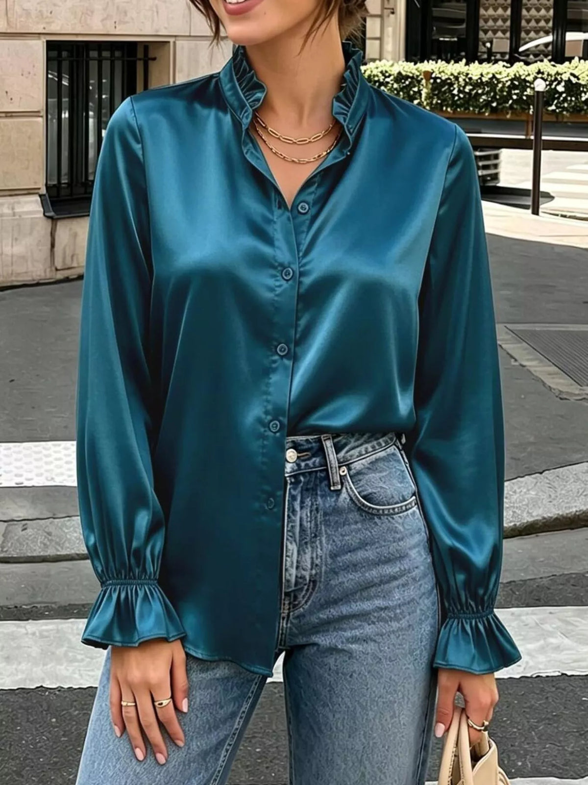 Women's Ruffle Trim Satin Button-Down Shirt – view 11