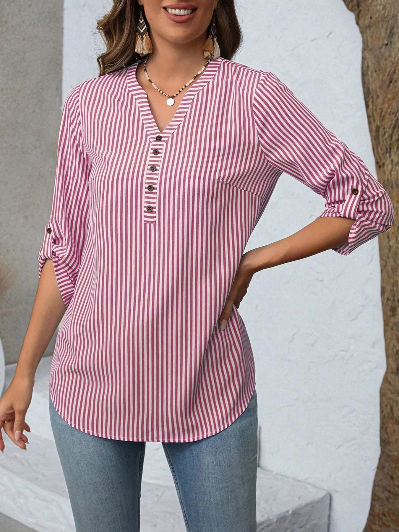 Striped V-Neck Roll-Up Sleeve Blouse  Shop One Place