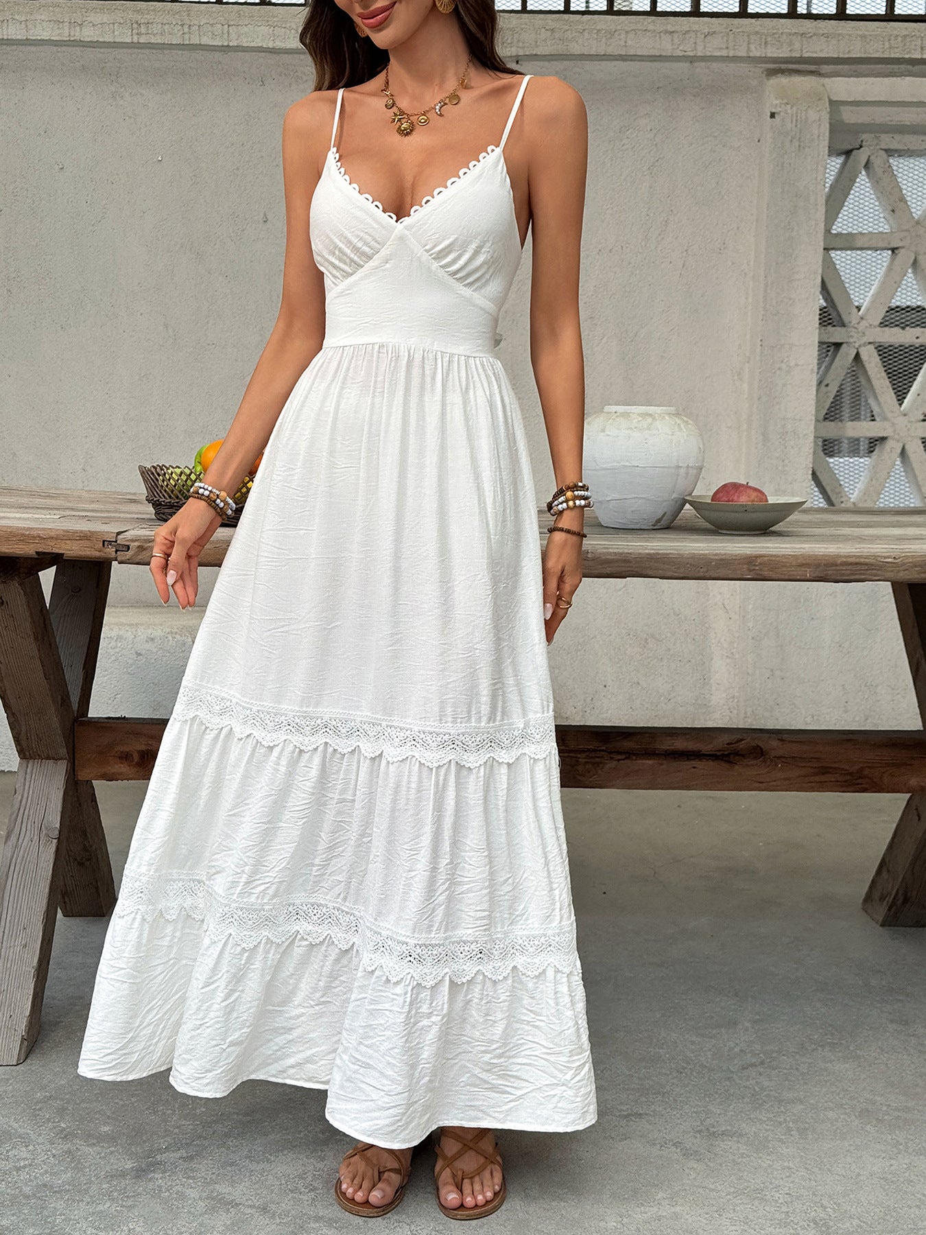 Lace Detail V-Neck Tiered Maxi Dress  Shop One Place