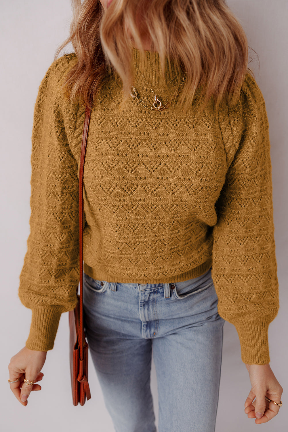 Jurassic Gold Hollow Out Crochet Ribbed Edge Balloon Sleeve Sweater  Shop One Place