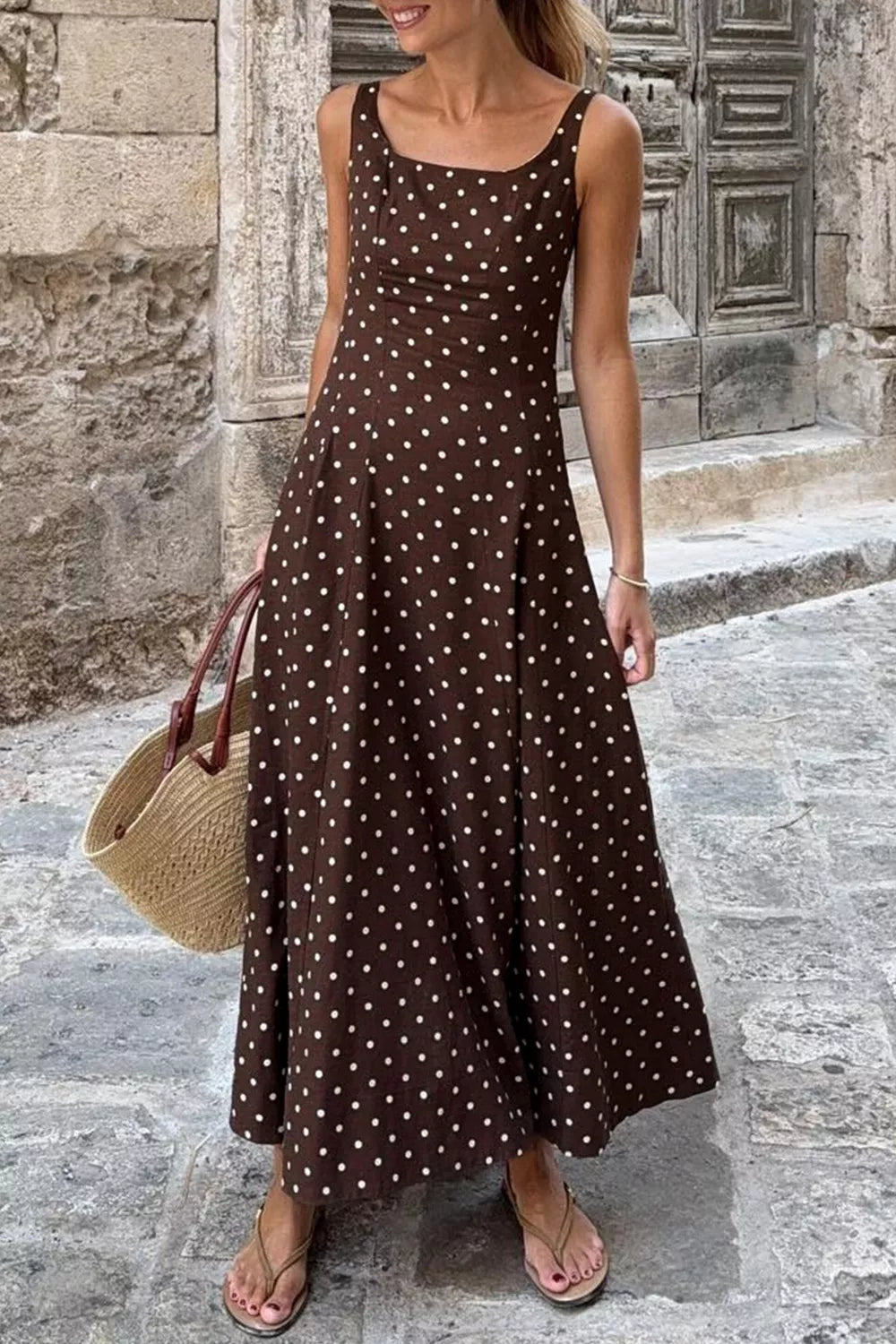 Polka Dot Print Square Neck Sleeveless Vacation Maxi Dress  Shop One Place