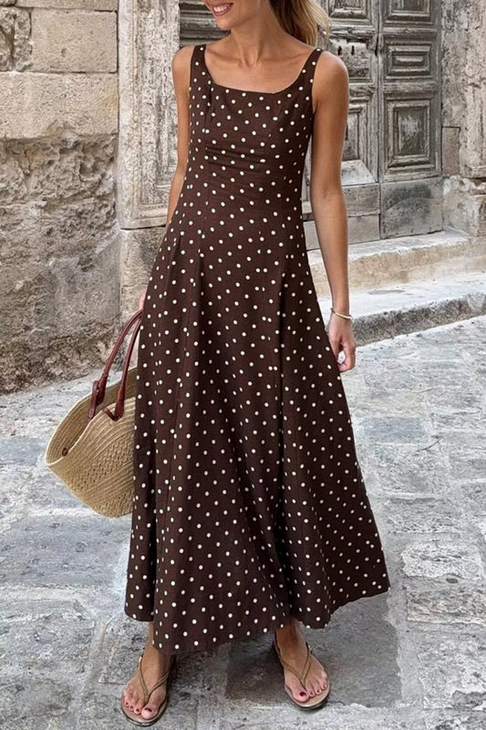 Polka Dot Print Square Neck Sleeveless Vacation Maxi Dress  Shop One Place