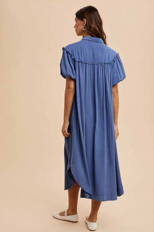 Peacock Blue Annie Wear Mineral Washed Button Down Puff Sleeve Shirt Dress