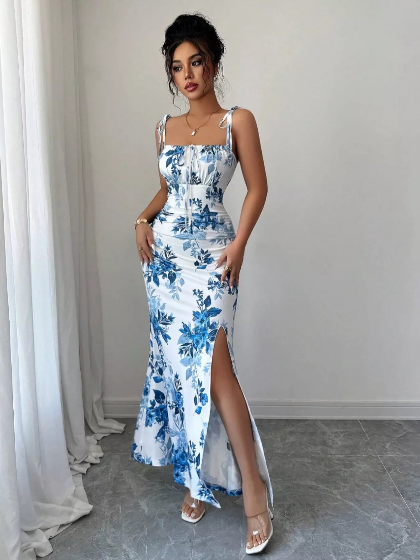 Printed Tie Strap Slit Maxi Dress  Shop One Place