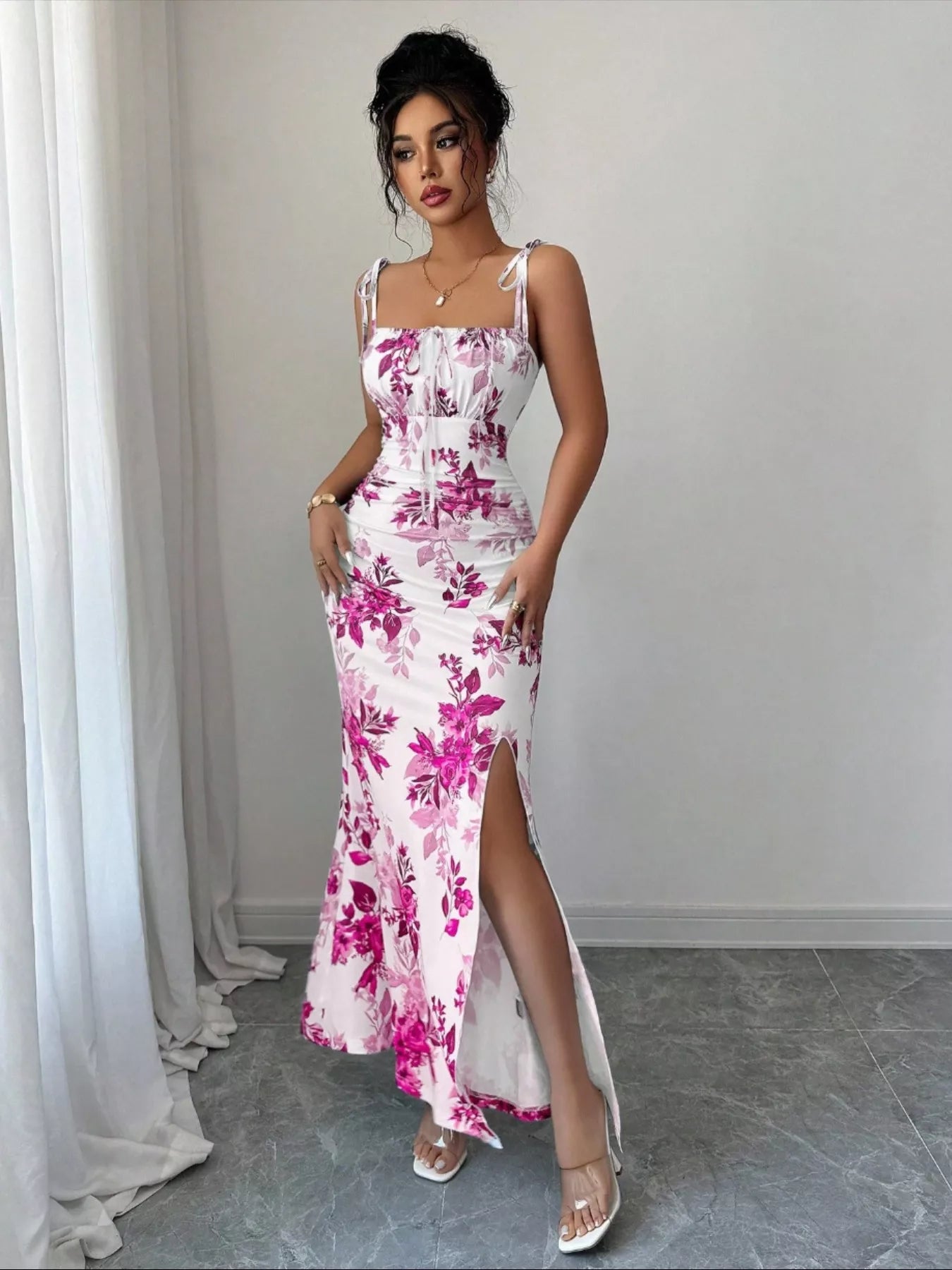 Printed Tie Strap Slit Maxi Dress  Shop One Place