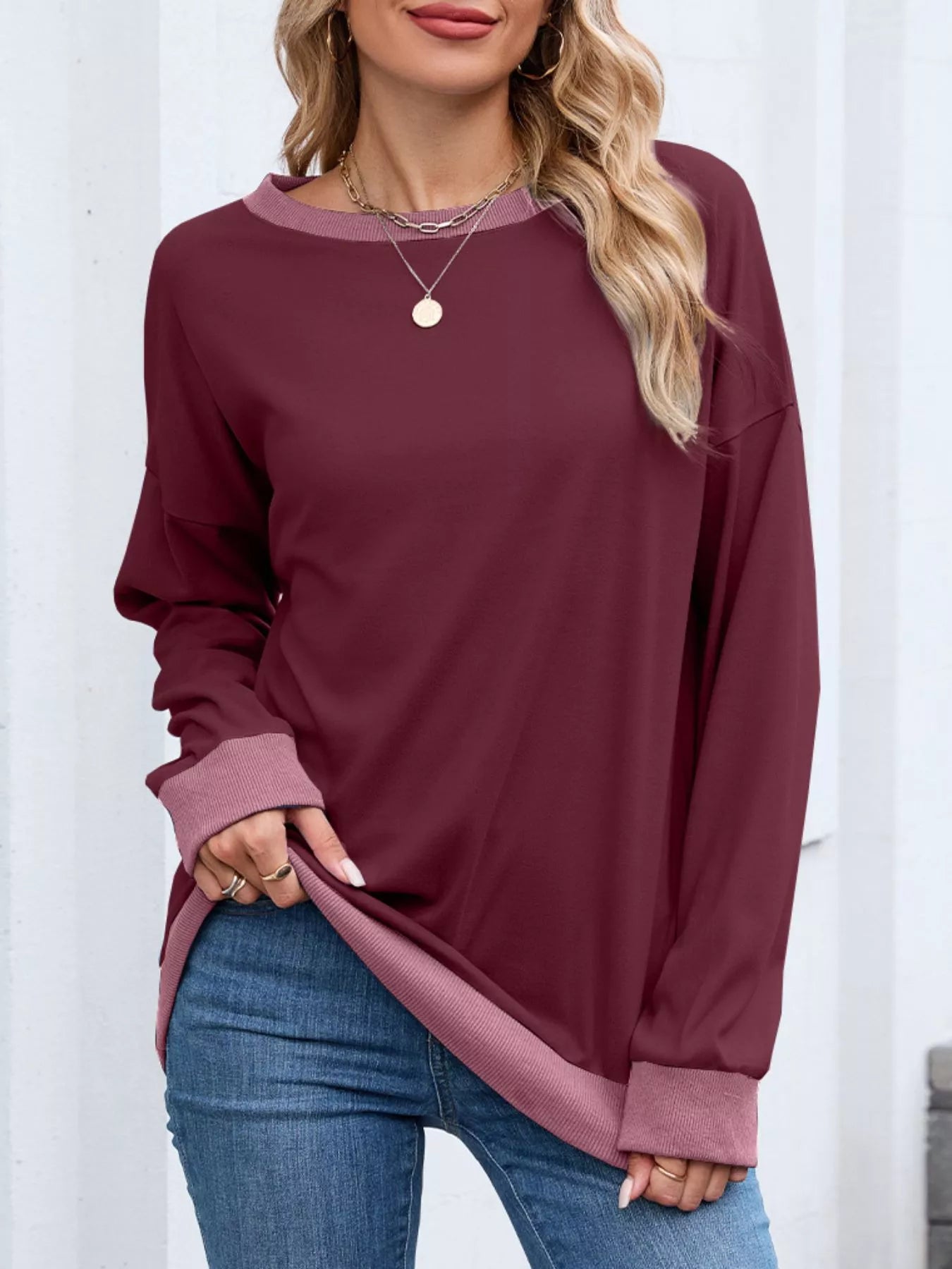 Contrast Trim Long Sleeve Sweatshirt  Shop One Place