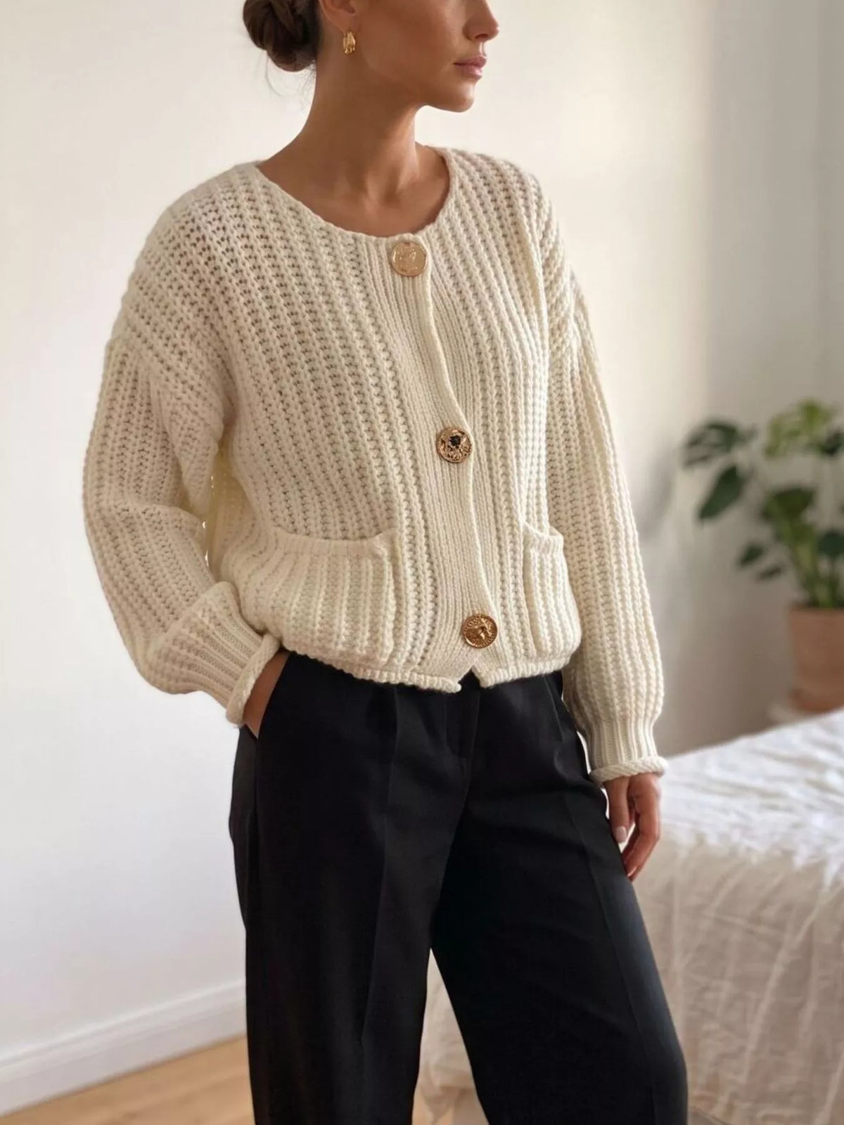Ribbed Knit Cardigan with Gold-Tone Buttons  Shop One Place
