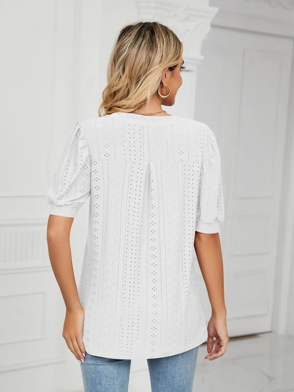 Florira Eyelet Notched Short Sleeve T-Shirt  Shop One Place