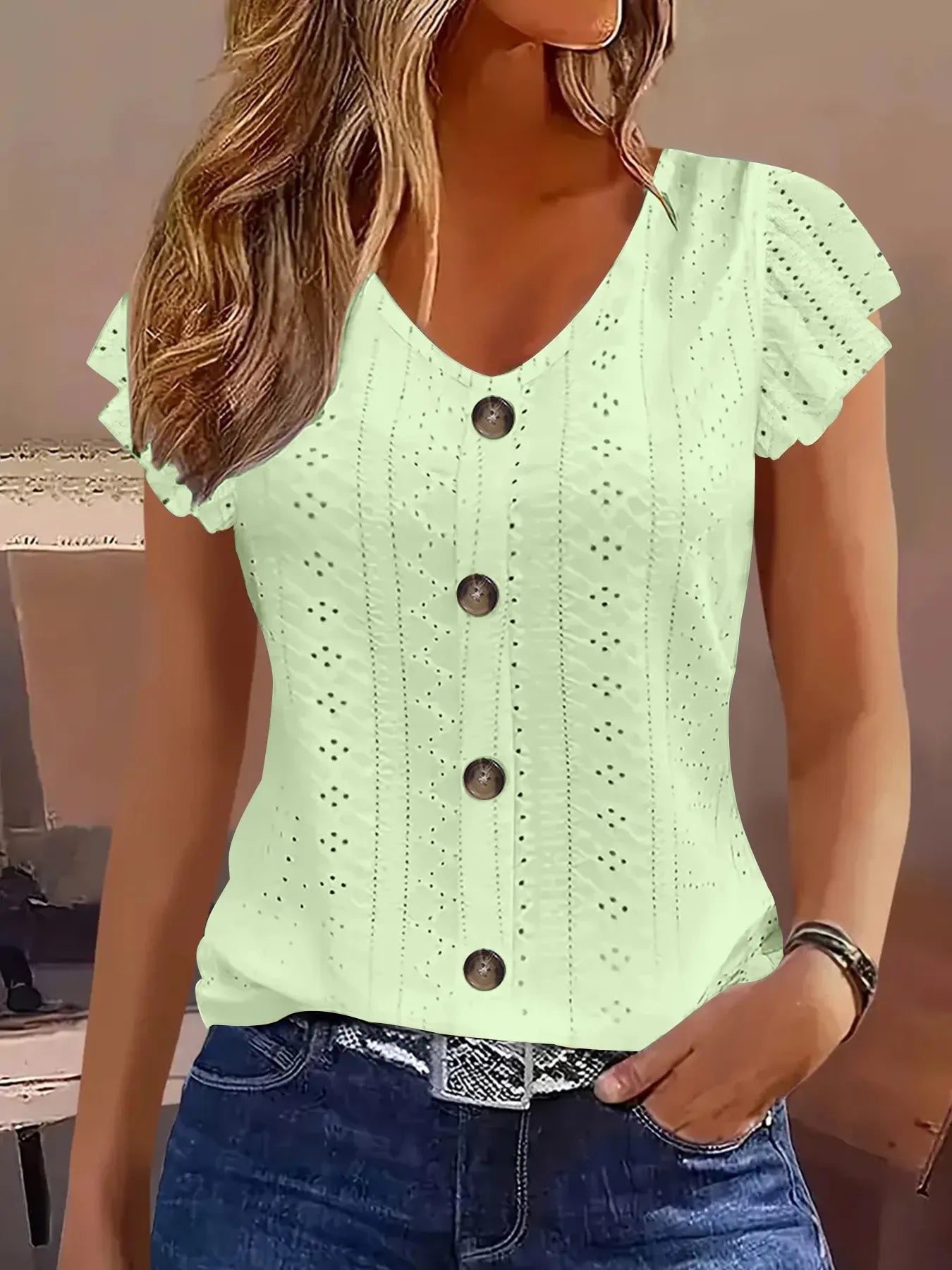 Eyelet Button-Front Flutter Sleeve Top  Shop One Place
