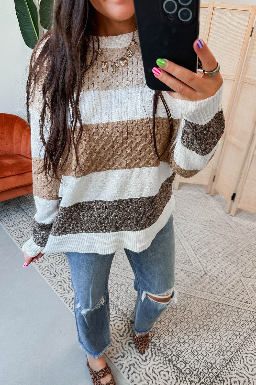 Brown Mixed Texture Knit Striped Colorblock Loose Sweater  Shop One Place